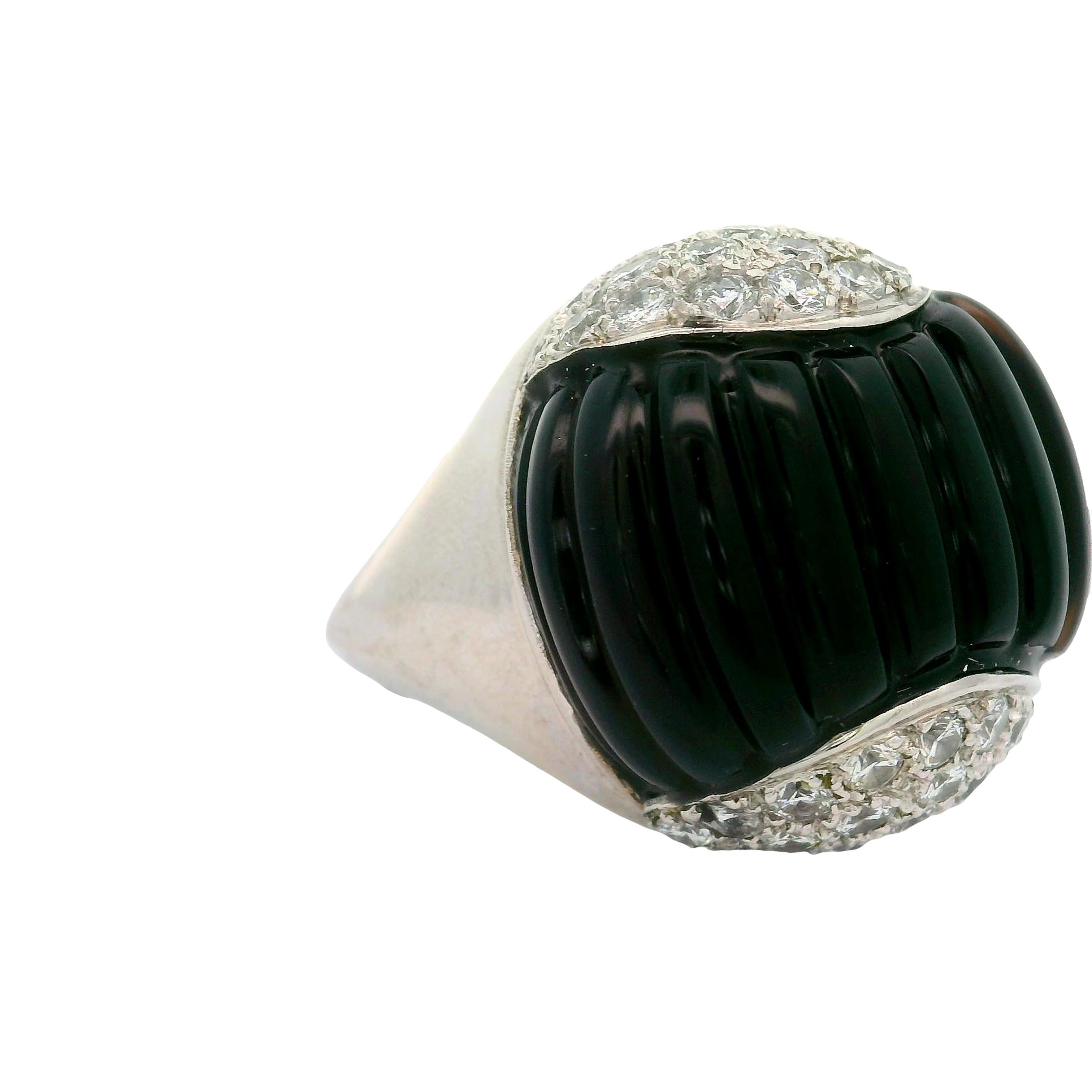 Brilliant Cut Black Onyx Diamond 18K White Gold Cocktail Ring For Sale