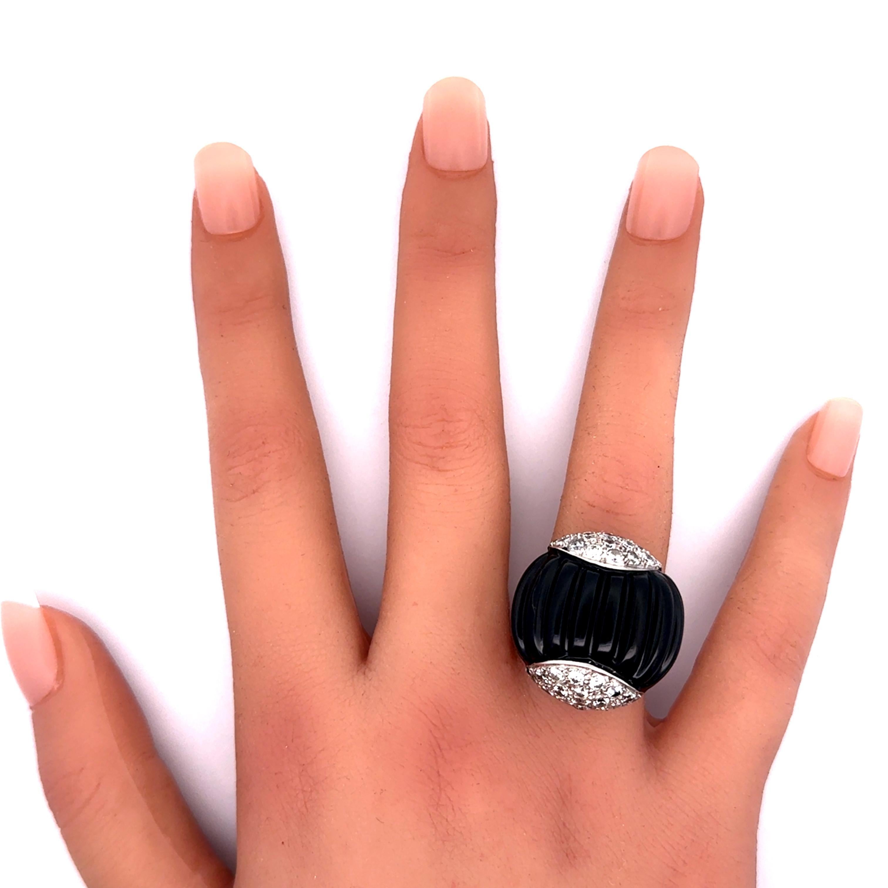Women's Black Onyx Diamond 18K White Gold Cocktail Ring For Sale