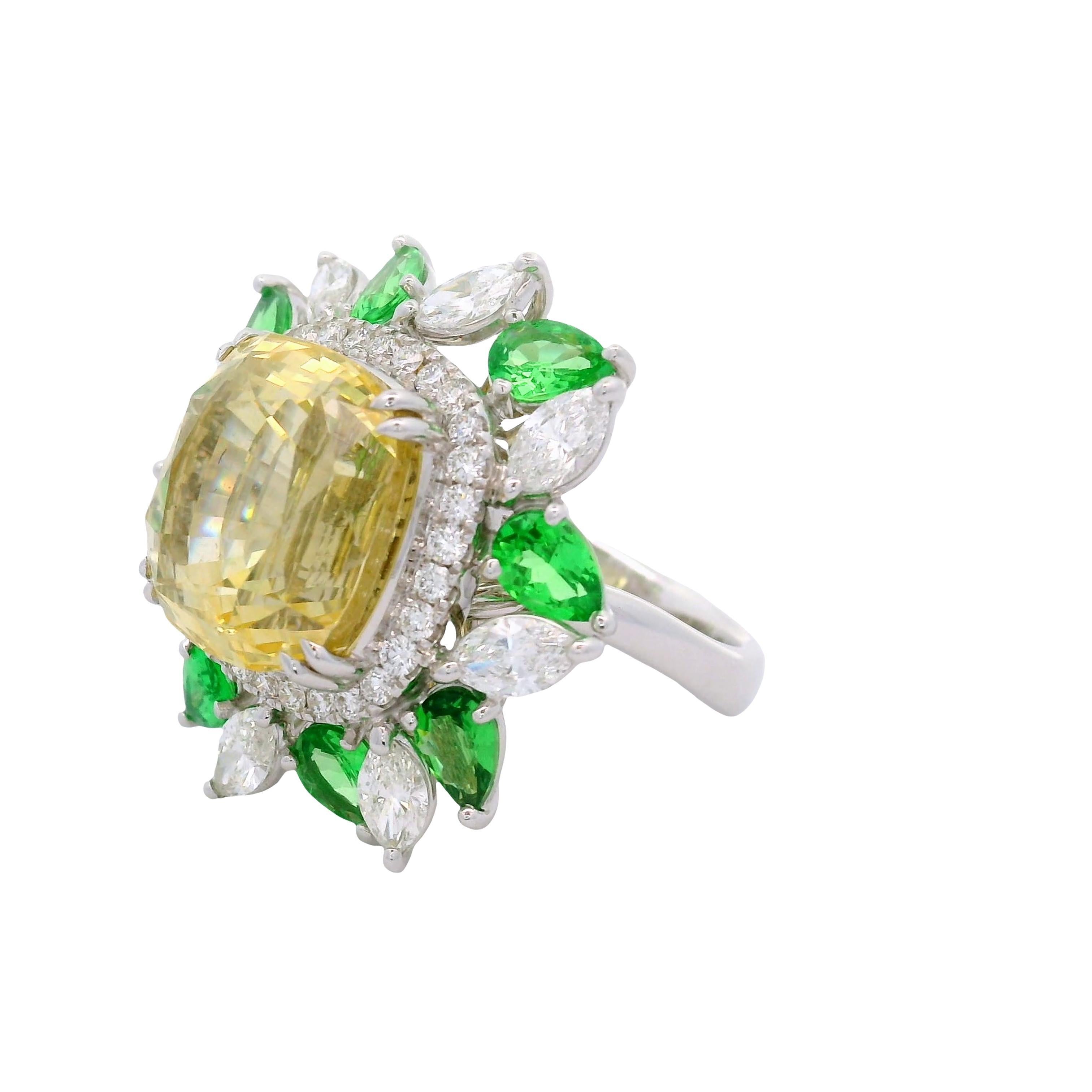 17,73ct Gelb Saphir Diamant Tsavortite 18k Weißgold Ring, AIGS No-Heat im Zustand „Hervorragend“ im Angebot in Beverly Hills, CA