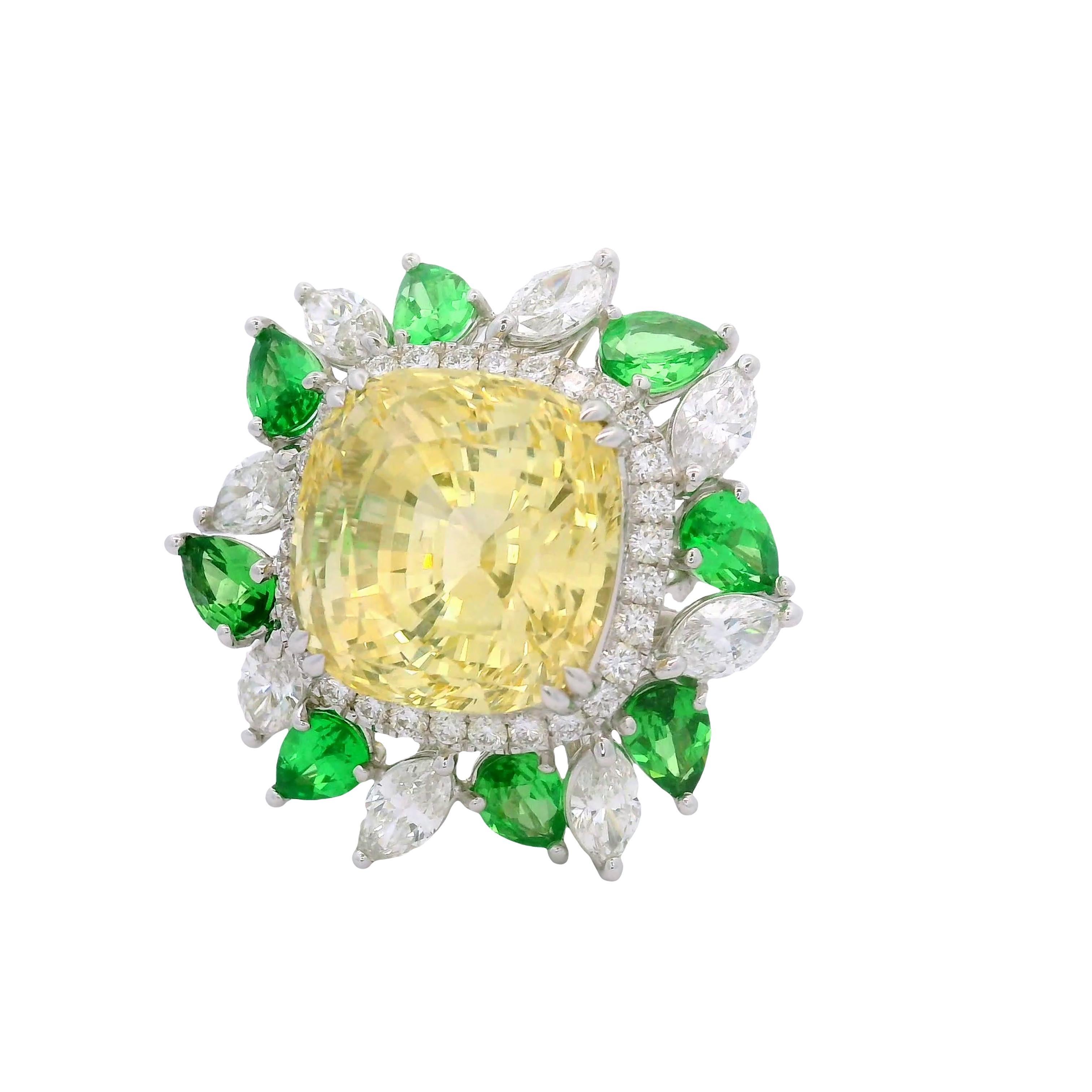 17,73ct Gelb Saphir Diamant Tsavortite 18k Weißgold Ring, AIGS No-Heat (Zeitgenössisch) im Angebot