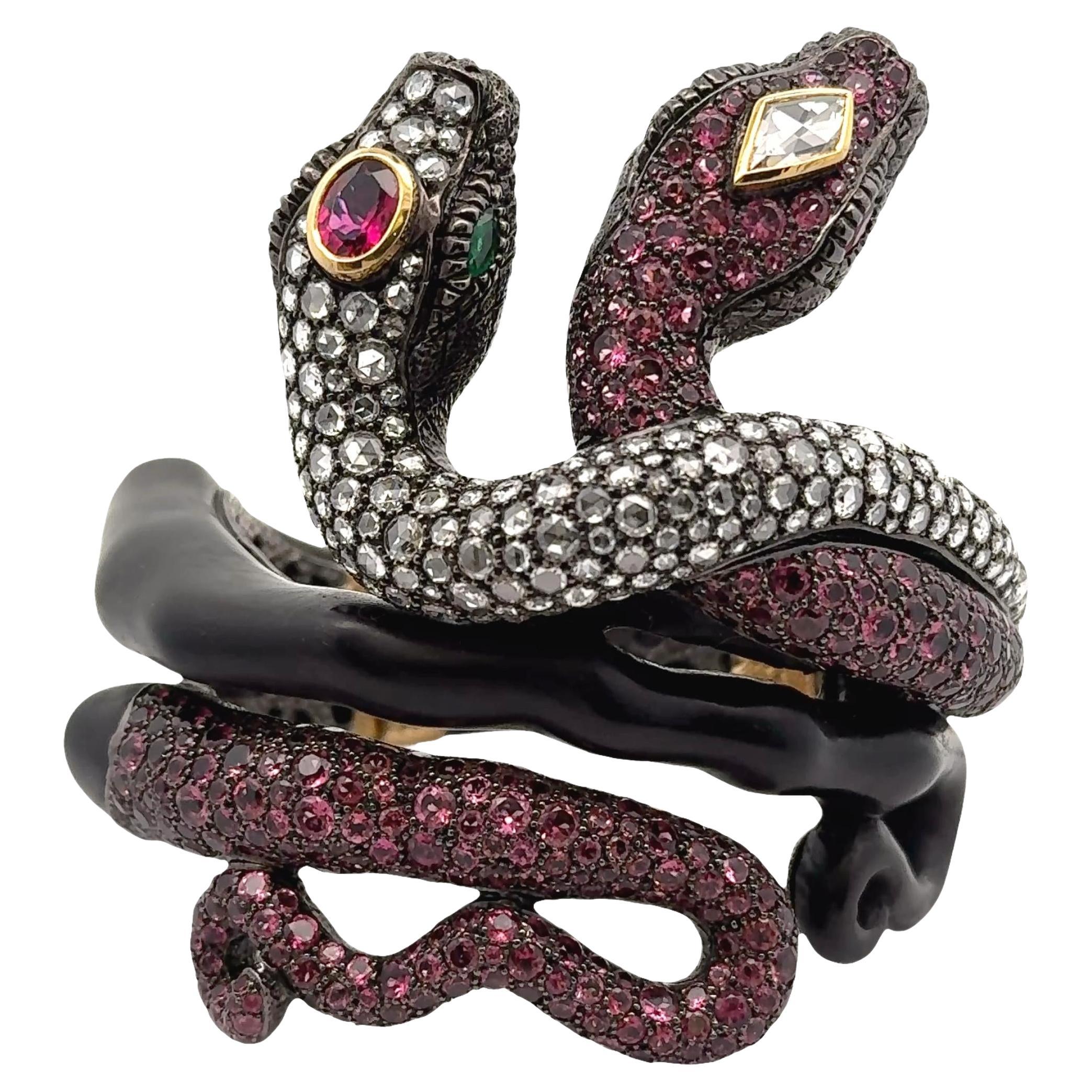 Pink Tourmaline Diamond Silver-18k Gold-Wooden Snake Bracelet