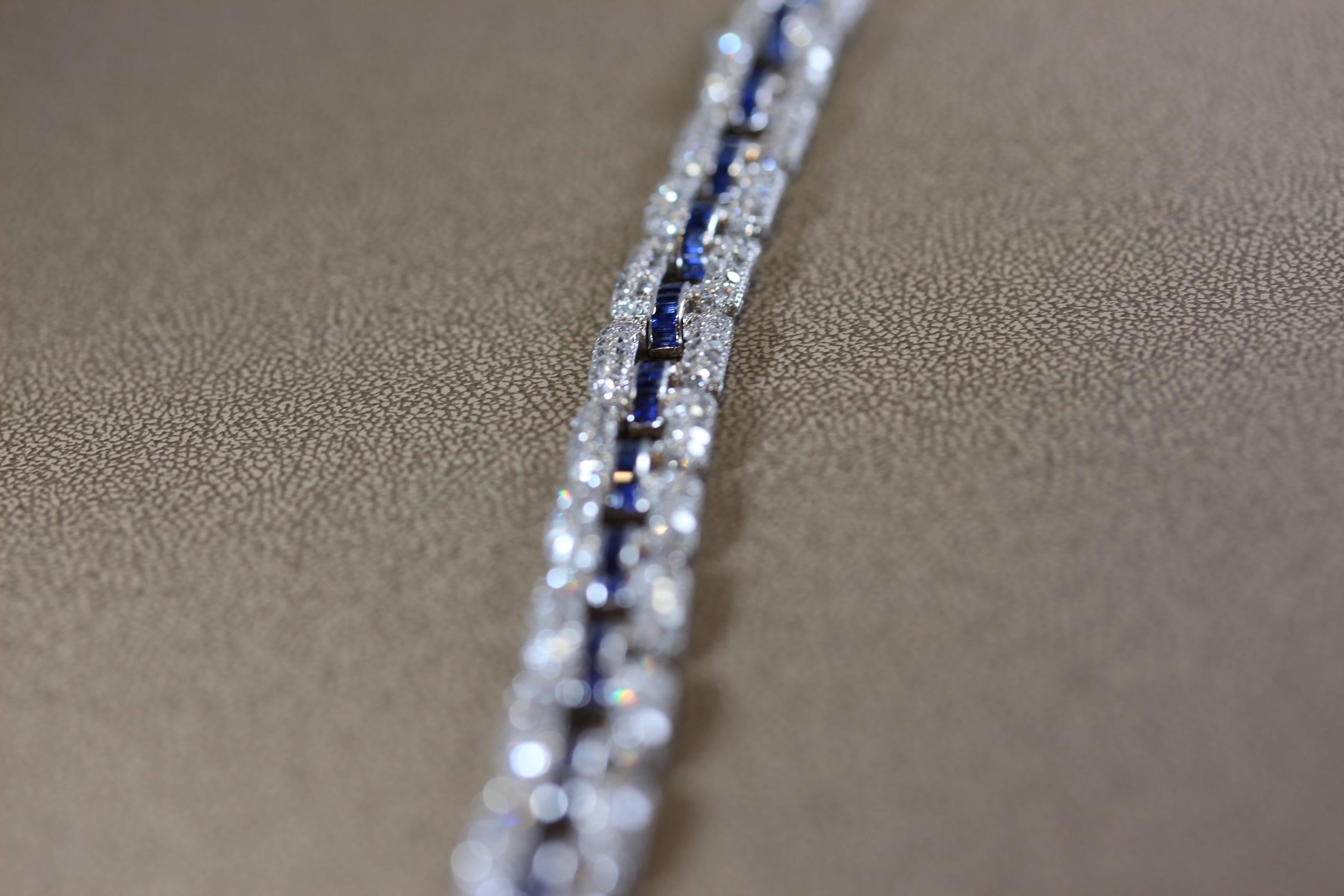 Art Deco Sapphire Diamond Platinum Link Bracelet  In New Condition In Beverly Hills, CA