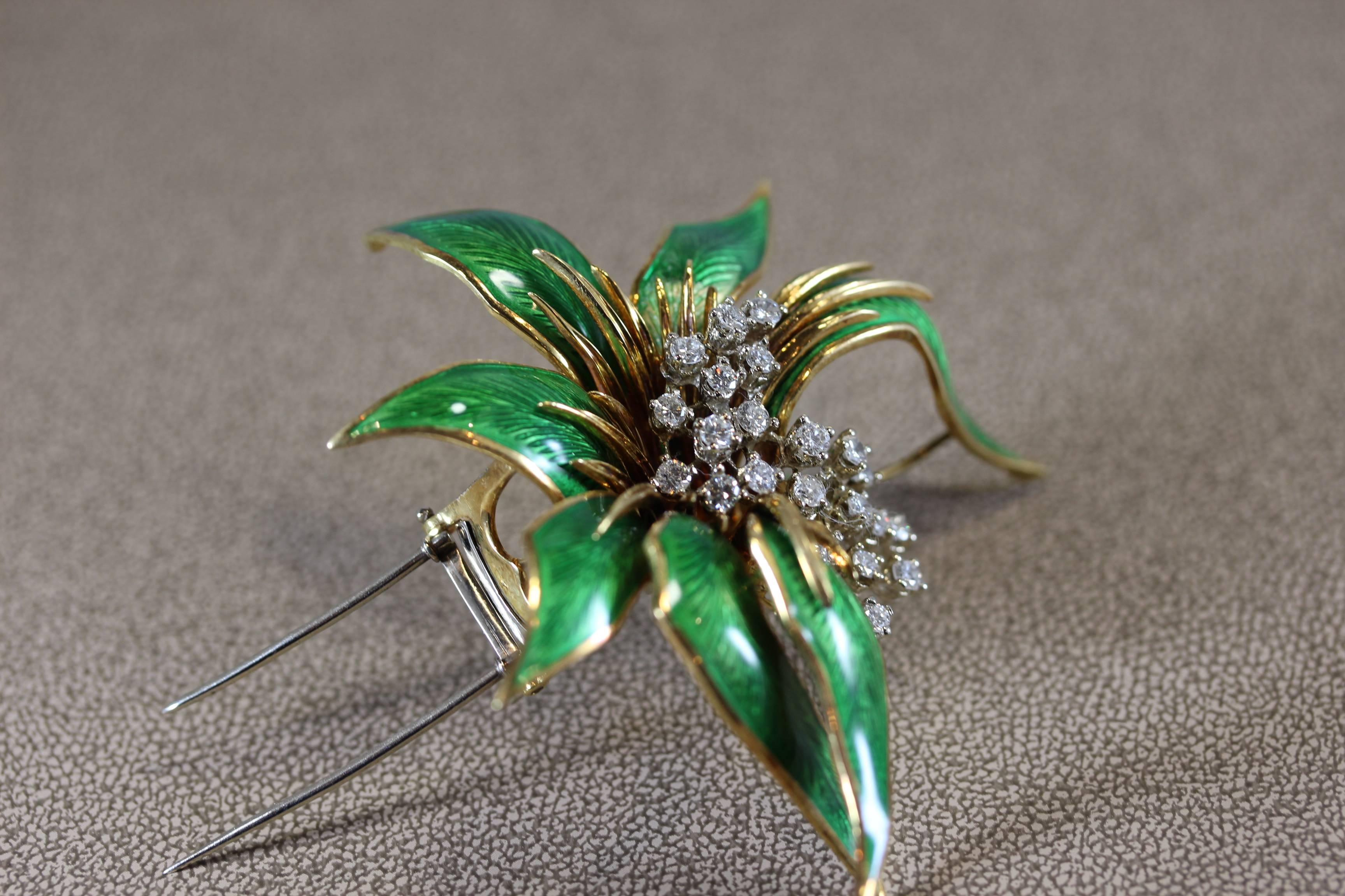 Italian Floral Guilloche Enamel Diamond Gold Brooch In Excellent Condition In Beverly Hills, CA