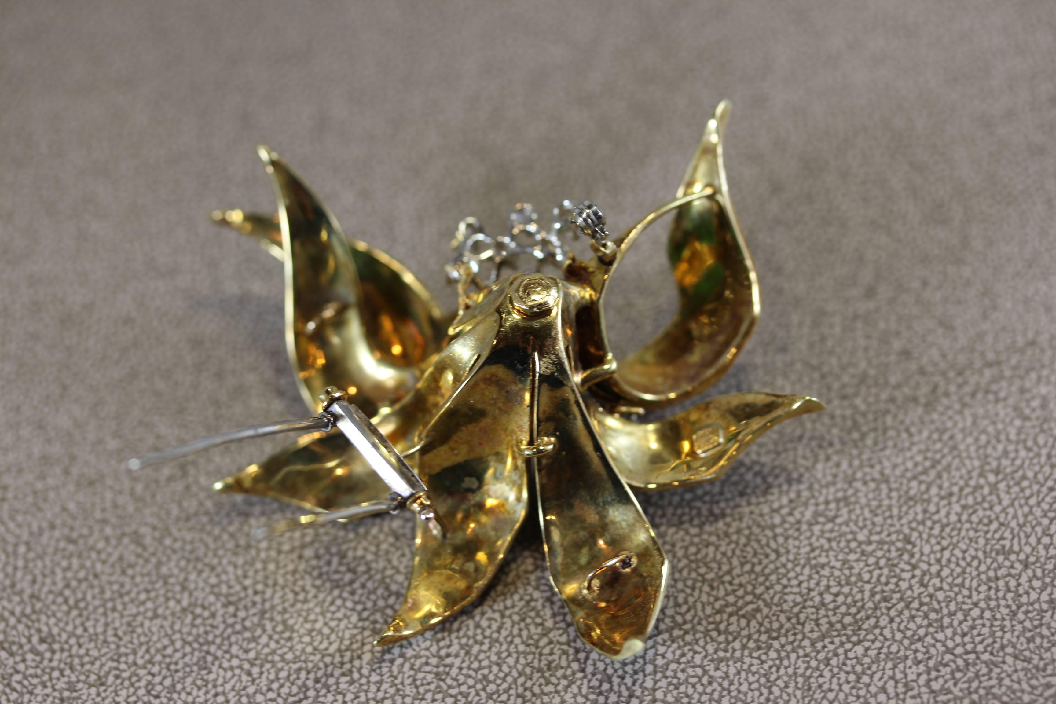 Women's Italian Floral Guilloche Enamel Diamond Gold Brooch