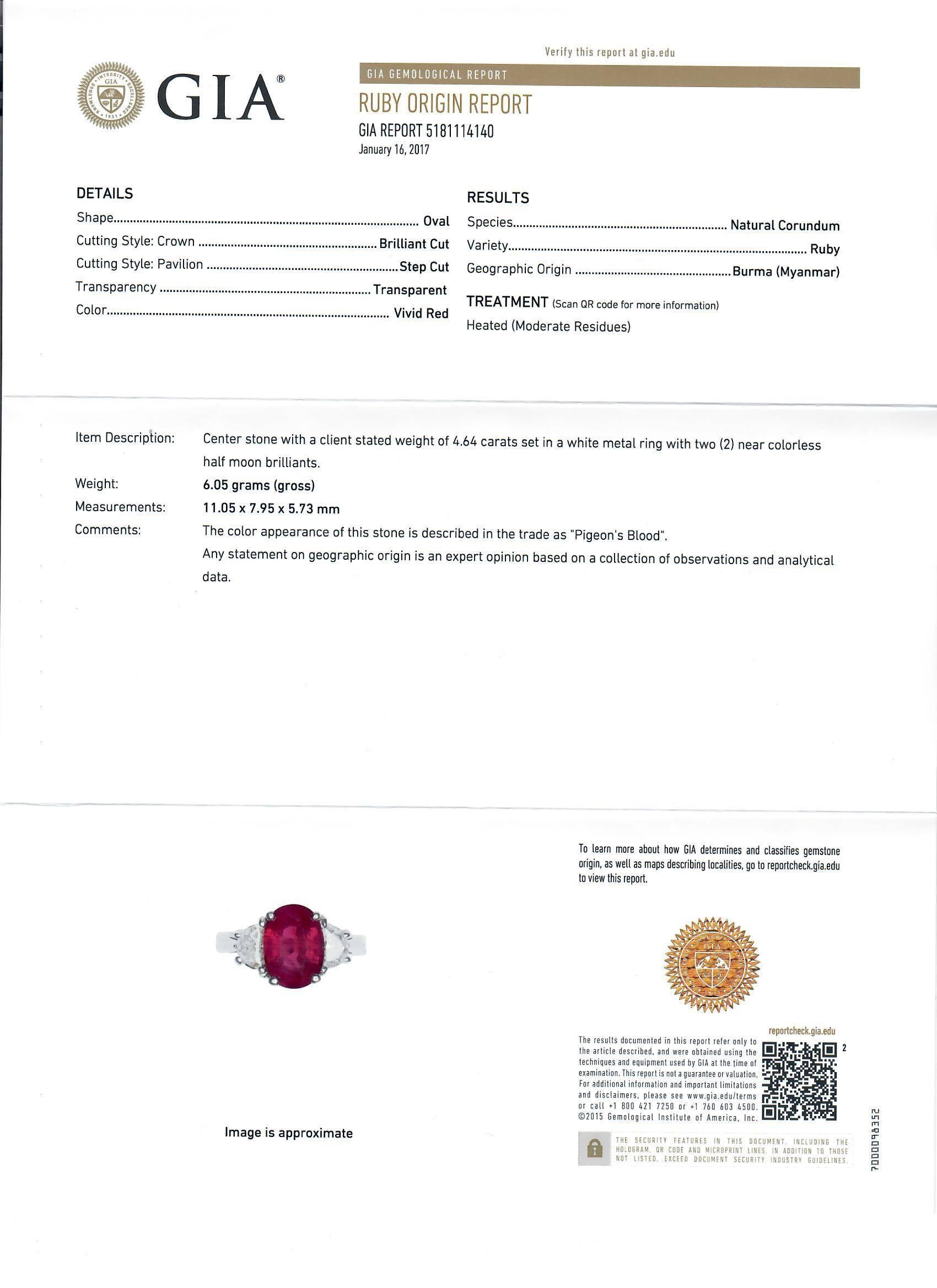 4.64 Carat Pigeon Blood Burmese Ruby Diamond Gold Ring In New Condition In Beverly Hills, CA