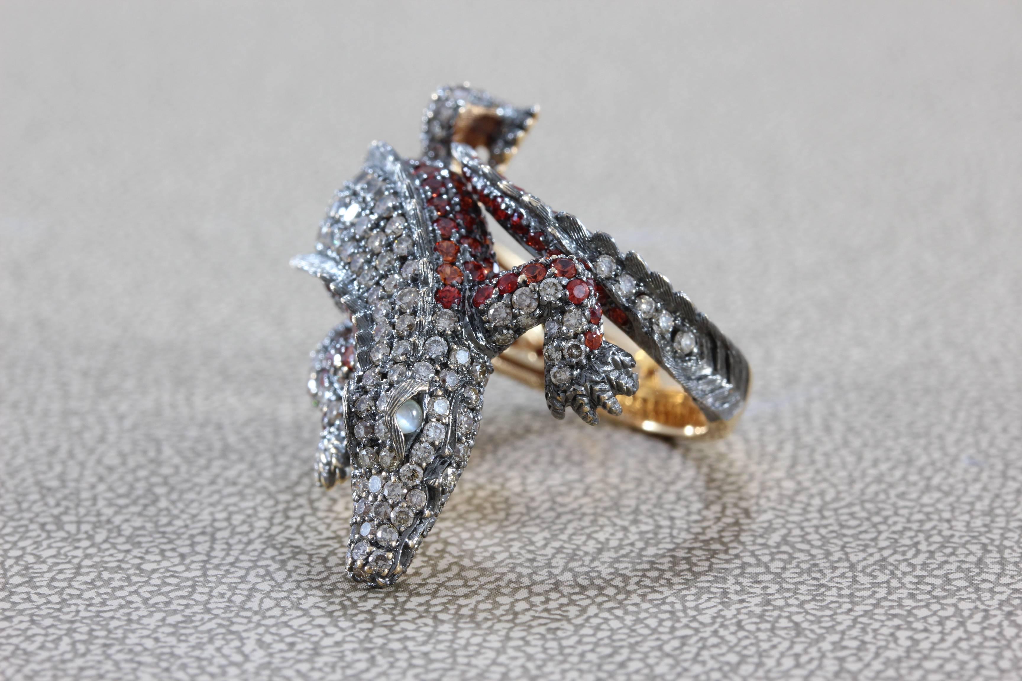 Orange Sapphire Cat Eye Diamond Gold Alligator Ring In New Condition For Sale In Beverly Hills, CA