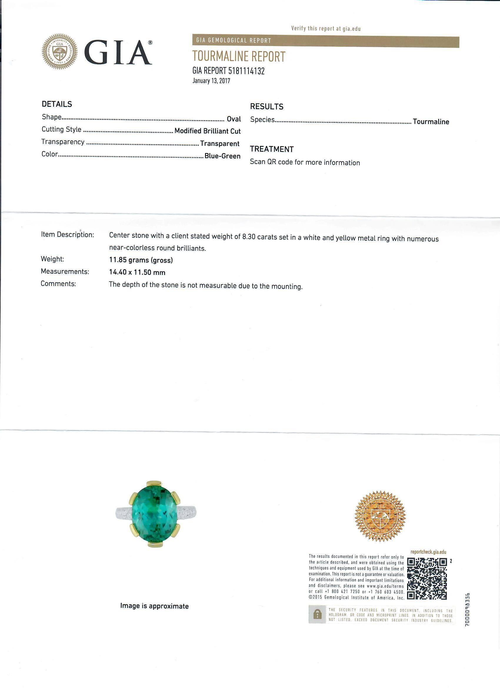 GIA Certified Blue-Green Tourmaline Diamond Gold Cocktail Ring For Sale 2