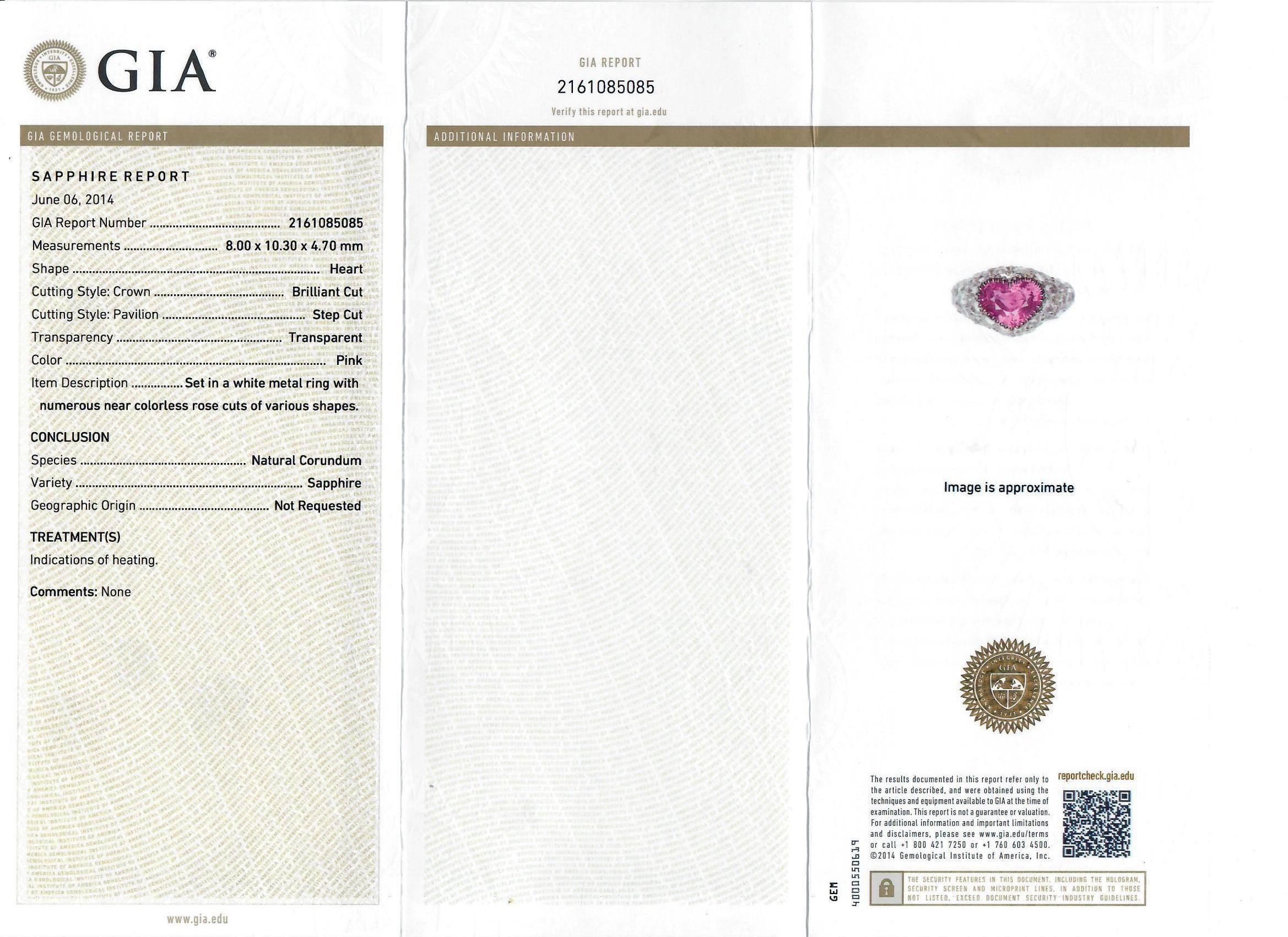 Women's GIA Certified Heart Shaped Pink Sapphire Diamond Gold Ring