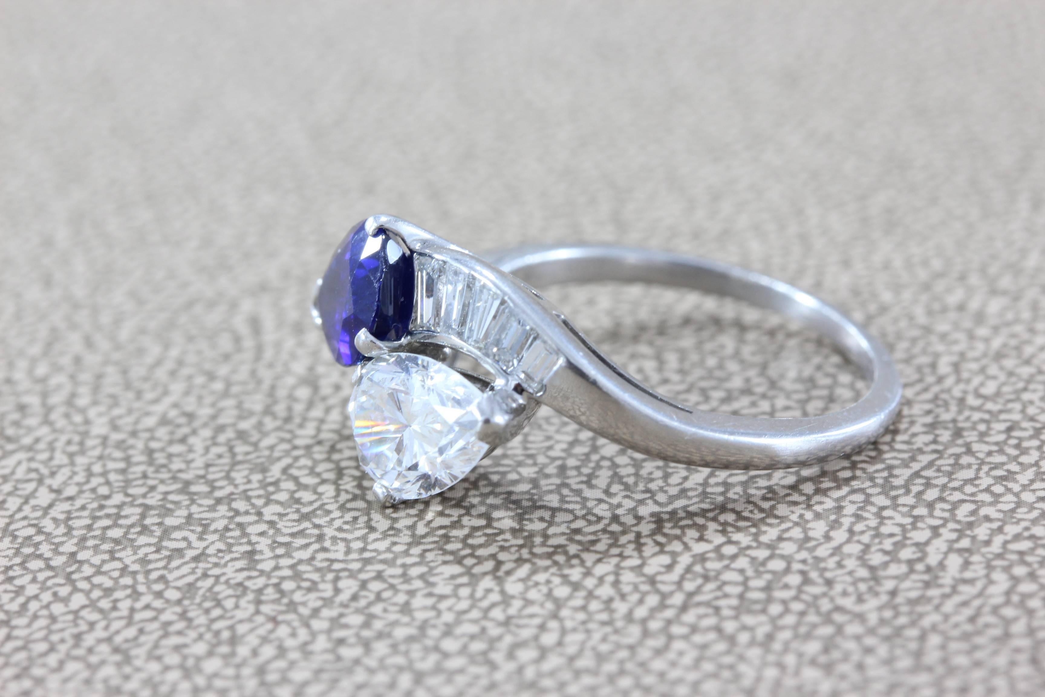 GIA Certified Diamond Sapphire Platinum Bypass Ring In New Condition In Beverly Hills, CA