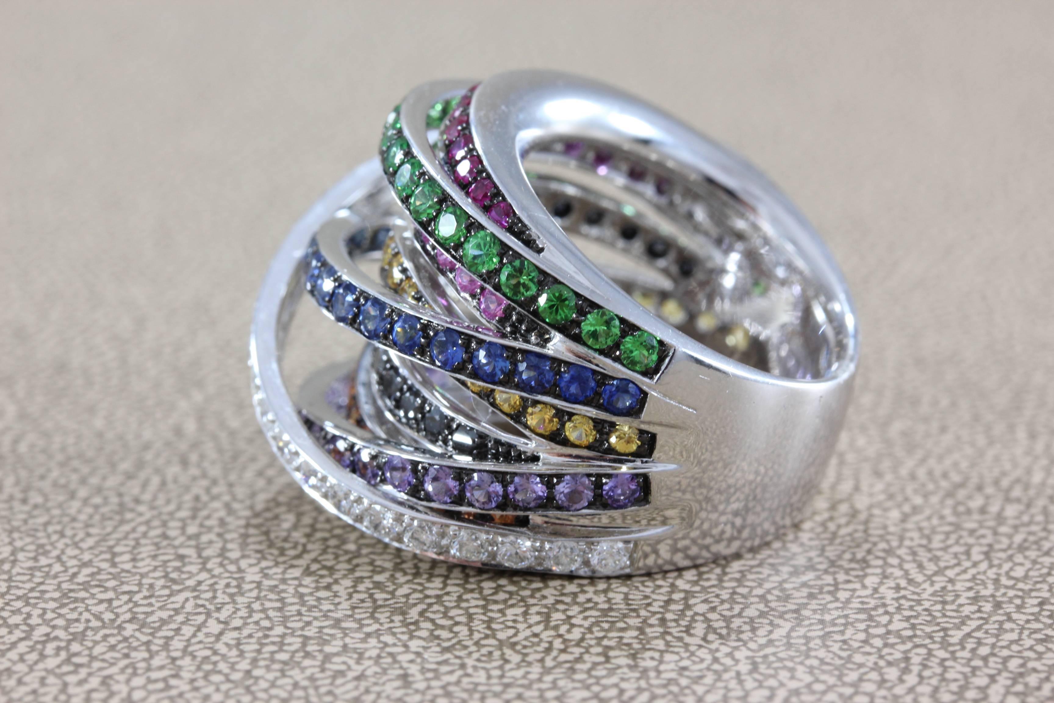 Women's or Men's Tsavorite Multicolored Gemstone Ruby Sapphire Diamond Gold Ring