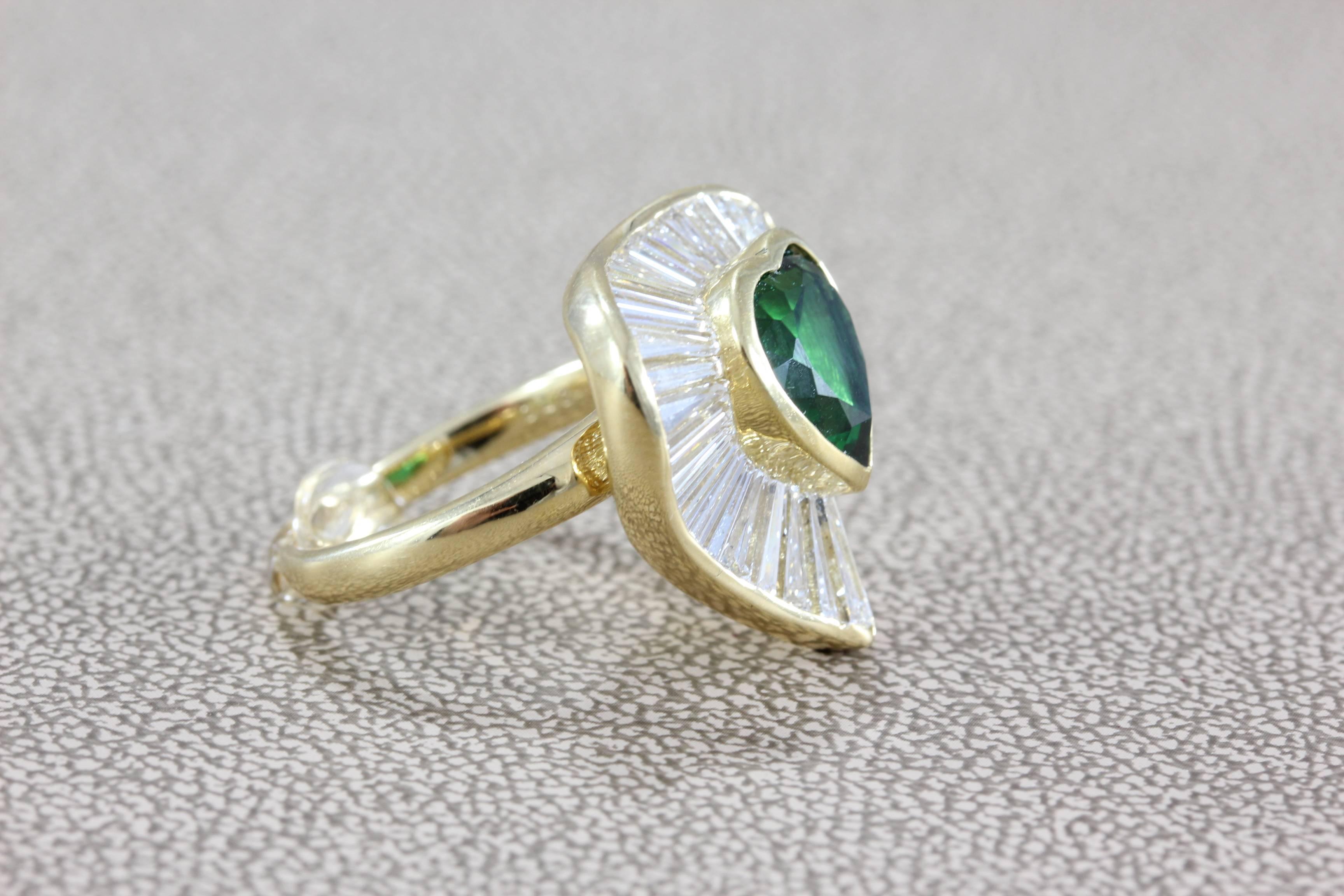 Baguette Cut 3.70 Carat Green Chrome Tourmaline Diamond Gold Heart Ring For Sale