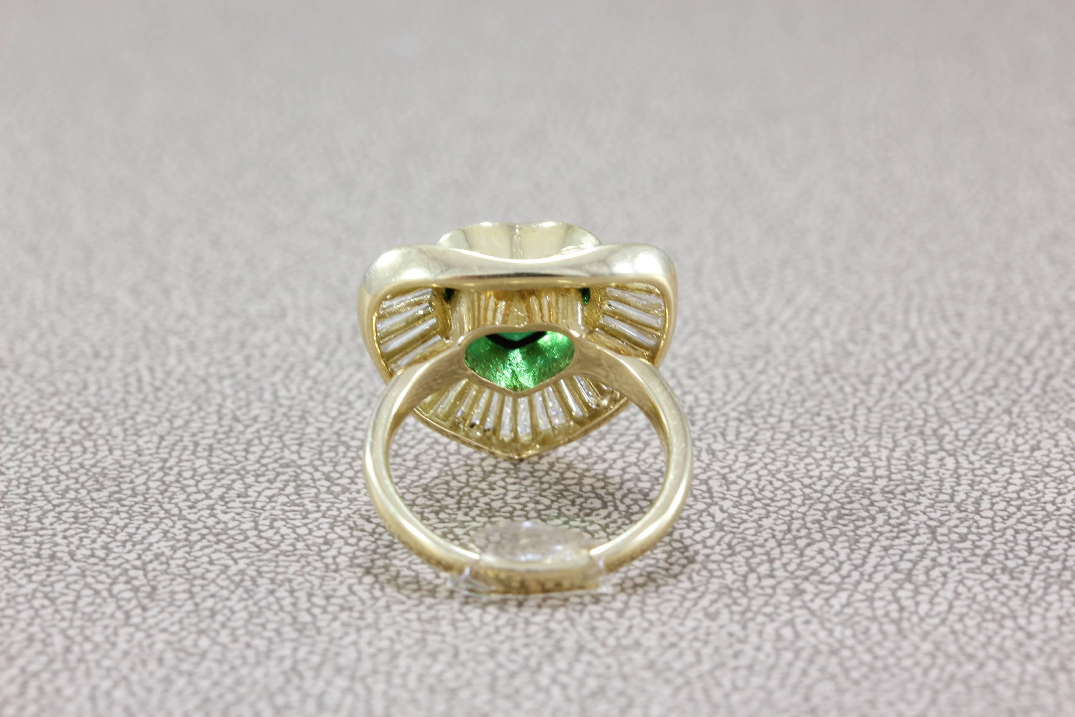 3.70 Carat Green Chrome Tourmaline Diamond Gold Heart Ring In New Condition For Sale In Beverly Hills, CA