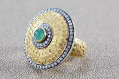 Diamond Emerald Gold Shield Ring