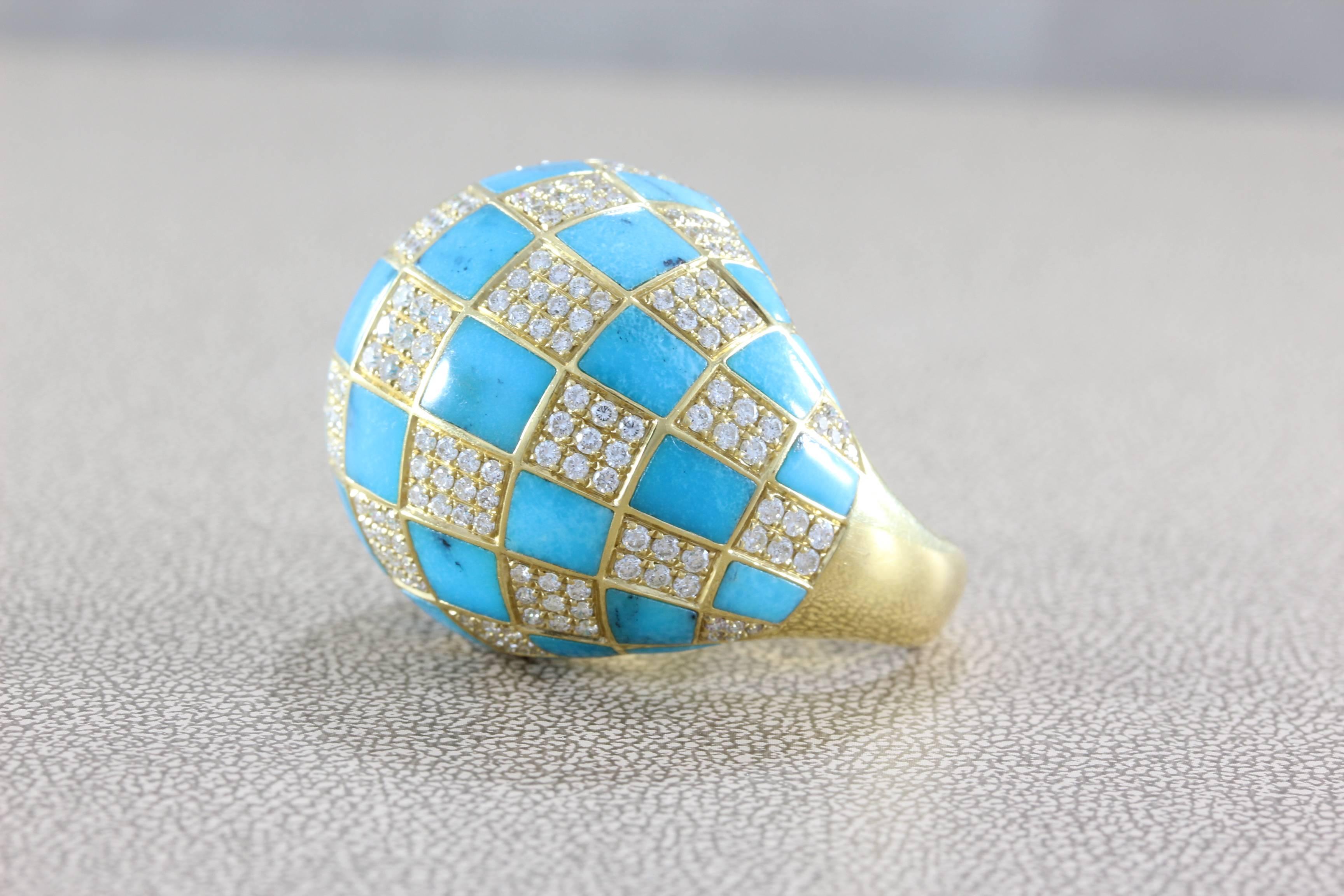 A beautifully unique domed ring with interchanging checkered diamond and turquoise panels all set in 18K yellow gold. Diamond weight approximately 4 carats, VS clarity G-H color. 
A pleasure to wear, say hello to your new best friend!

Dimensions: