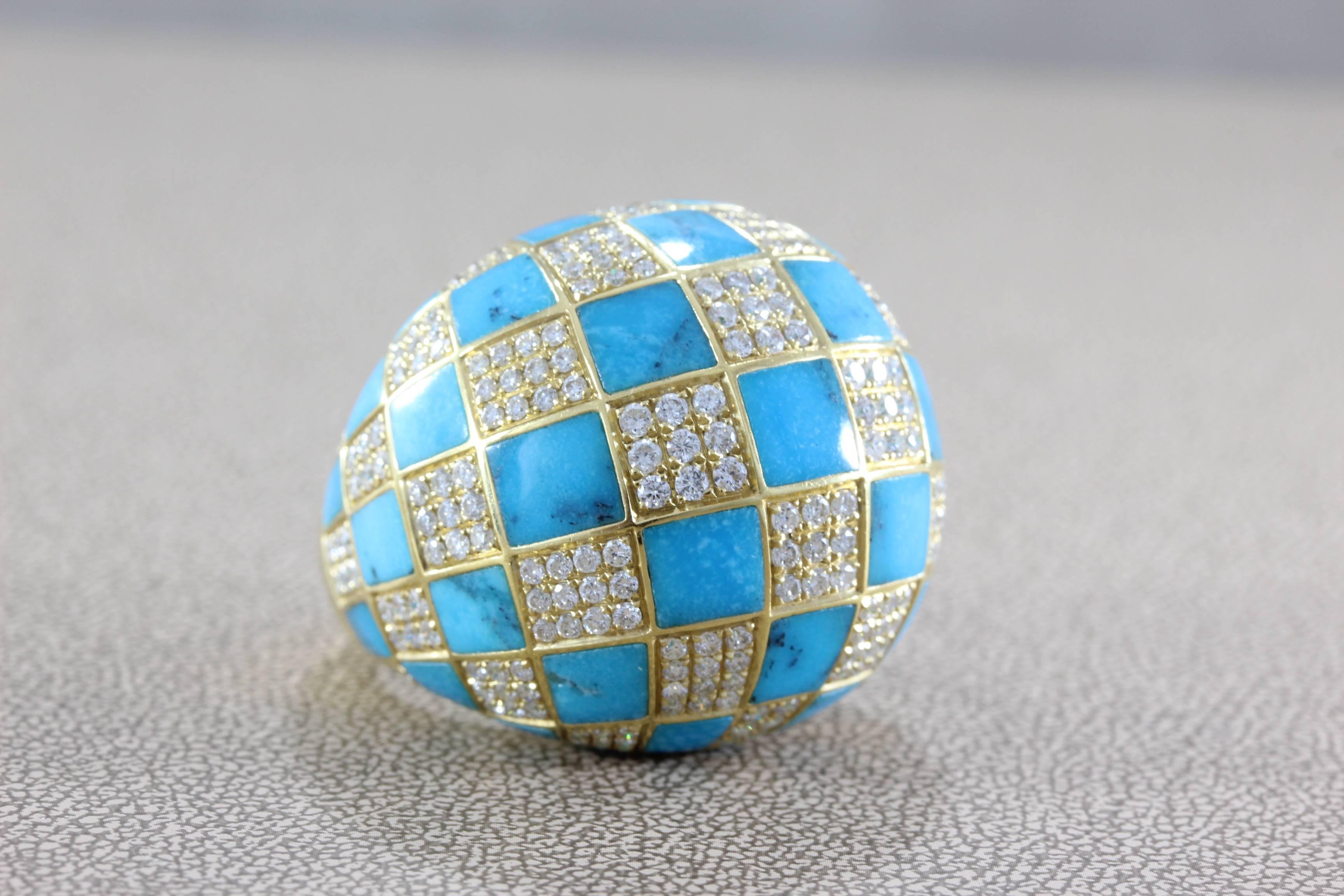 Retro Diamond Turquoise Checkered Dome Ring For Sale