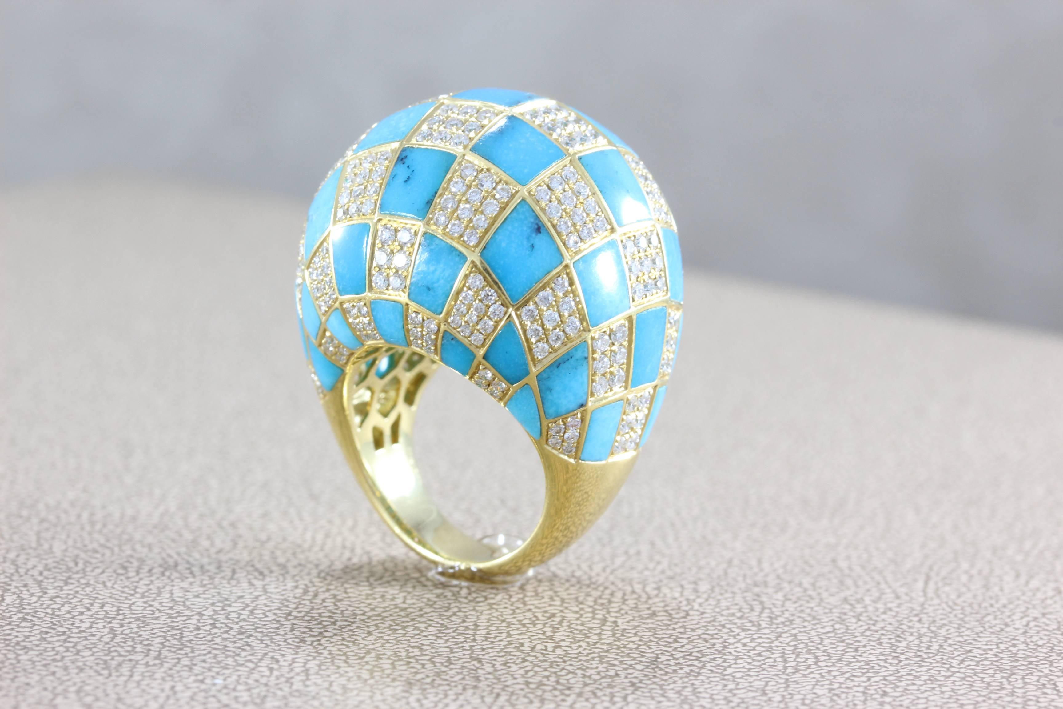 Diamond Turquoise Checkered Dome Ring In New Condition For Sale In Beverly Hills, CA