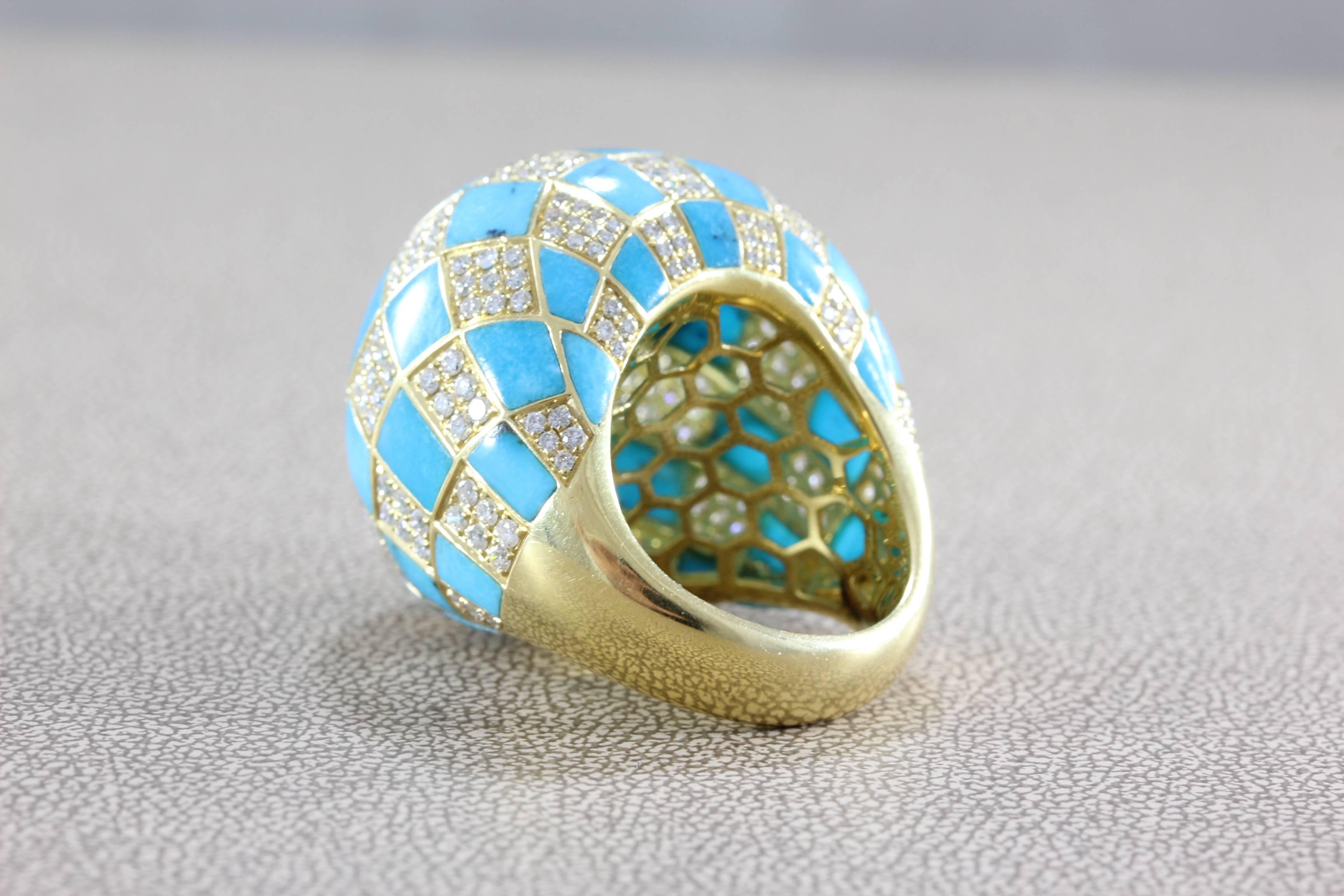 Diamond Turquoise Checkered Dome Ring For Sale 1