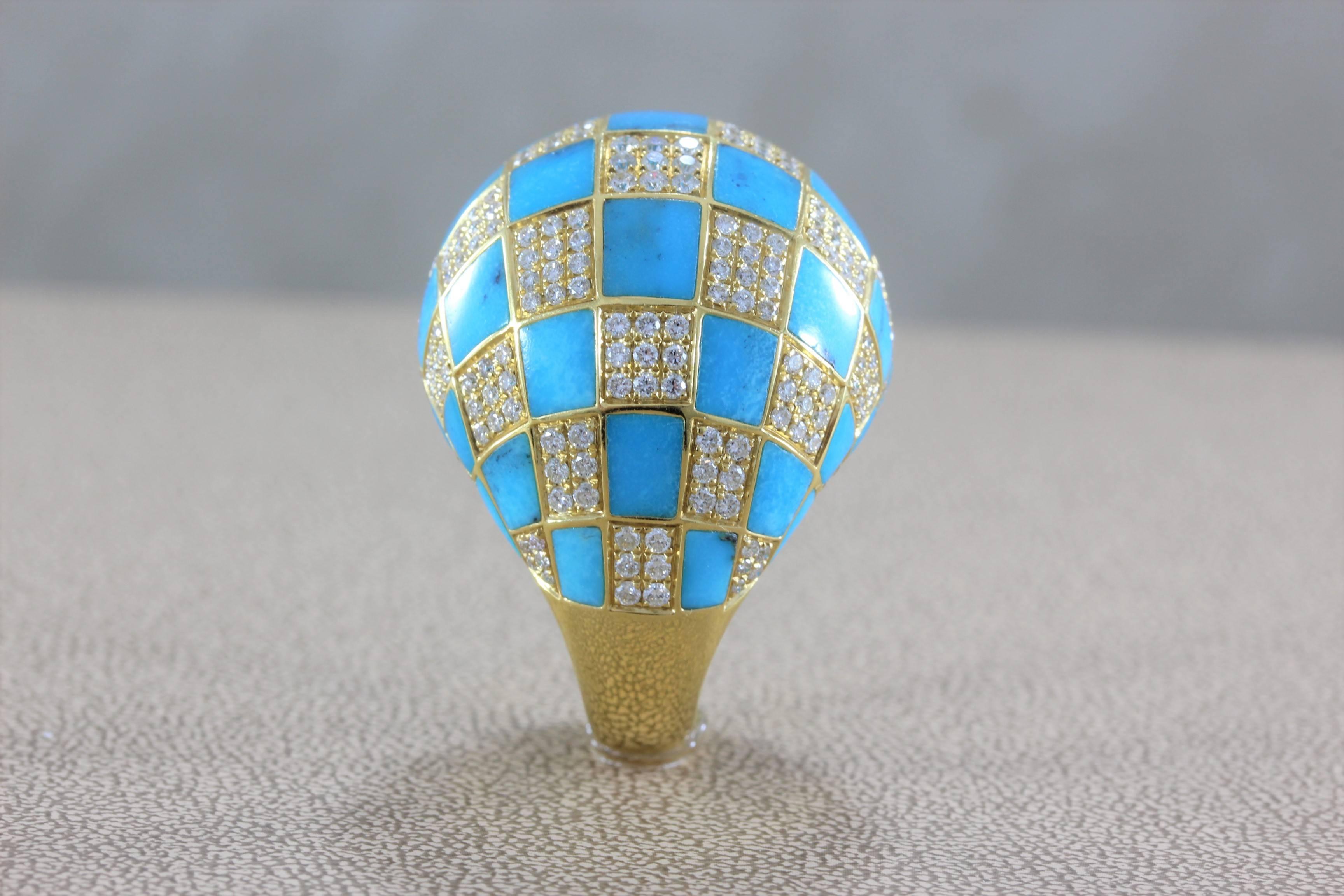 Women's or Men's Diamond Turquoise Checkered Dome Ring For Sale