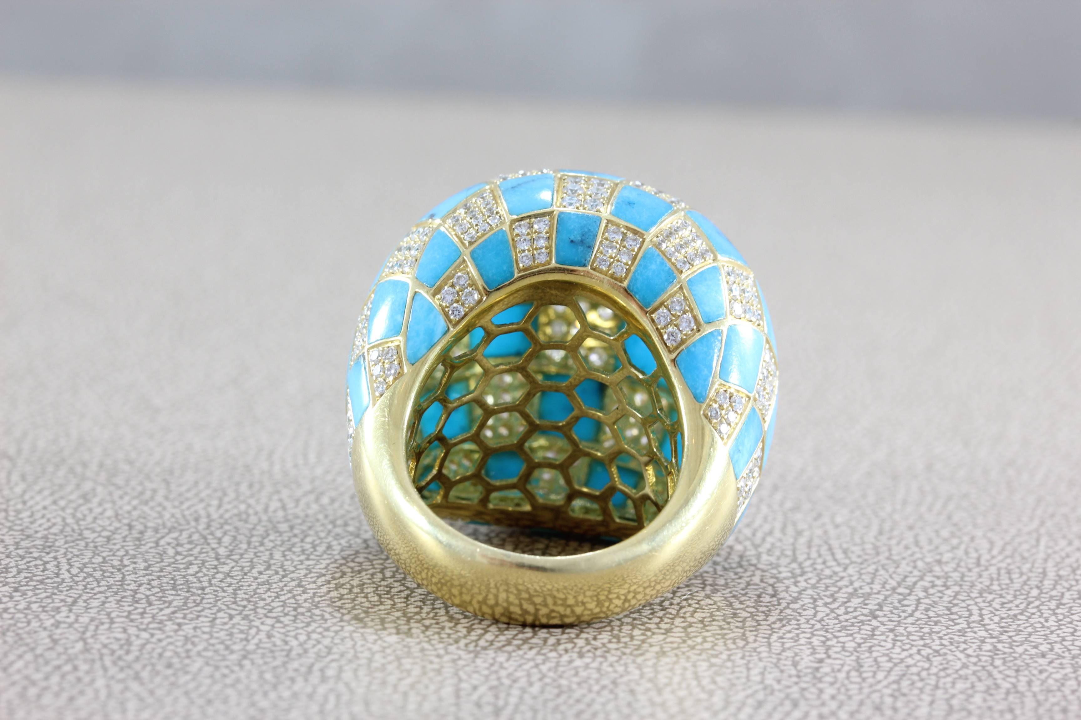 Diamond Turquoise Checkered Dome Ring For Sale 2