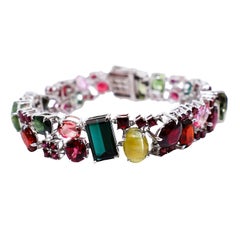 Multi-Colored Gemstones 14K White Gold Cluster Eternity Bracelet