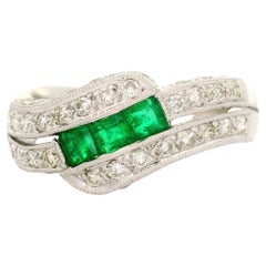 Emerald Diamond Platinum Bypass Antique-Style Ring