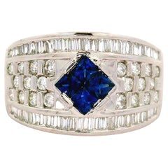 Vintage Blue Sapphire Diamond 18K White Gold Band Ring