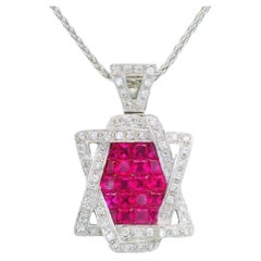 Ruby Diamond Star of David 18k White Gold Pendant