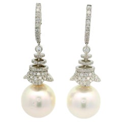 13MM White South Sea Pearls Diamond 14K White Gold Drop Dangle Earrings