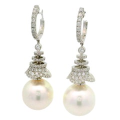 13MM White South Sea Pearls Diamond 14K White Gold Drop Dangle Earrings