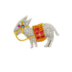 Diamond Ruby Blue Sapphire 18K Two-Tone Gold Donkey Pin Brooch