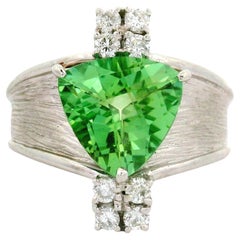 4.00 Carat Yellowish-Green Tourmaline Diamond Platinum Ring, GIA Certified