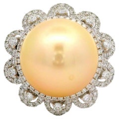 14.5MM South Sea Golden Pearl Diamond 18K White Gold Flower-Halo Ring