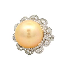 14.5MM South Sea Golden Pearl Diamond 18K White Gold Flower-Halo Ring