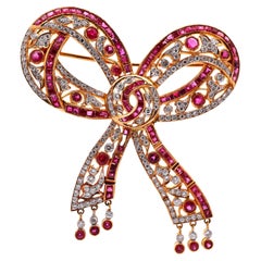 Estate Ruby Diamond 18K Yellow Gold Bow Brooch
