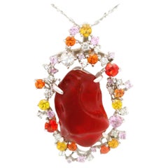 9.54 Carat Mexican Fire Opal Multi-Colored Sapphires 14K Gold Pendant Necklace