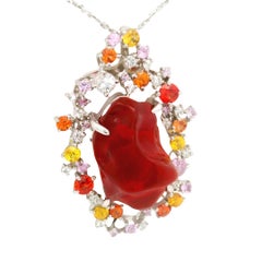 9.54 Carat Mexican Fire Opal Multi-Colored Sapphires 14K Gold Pendant Necklace