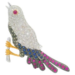 Vintage Diamond Ruby Sapphire 18K Gold Song-Bird Brooch
