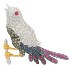 Vintage Diamond Ruby Sapphire 18K Gold Song-Bird Brooch