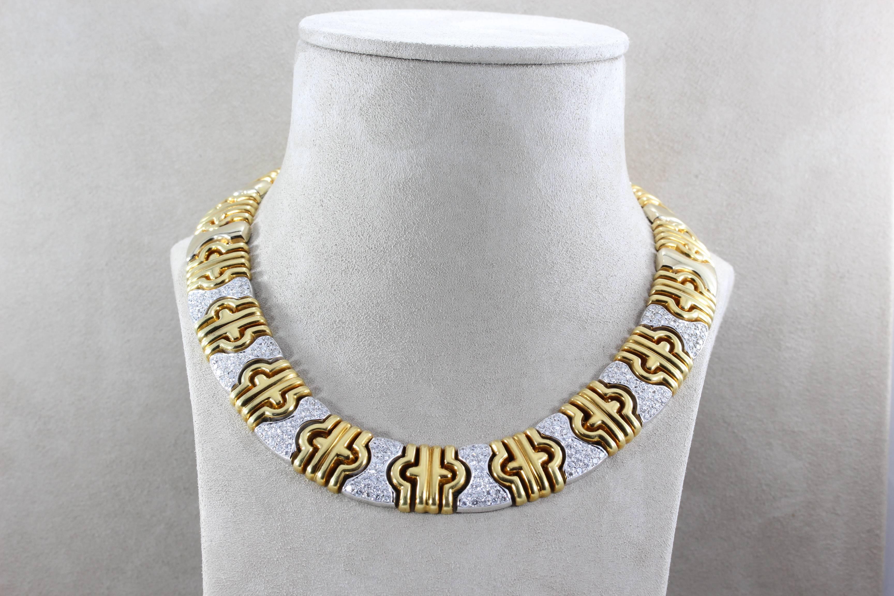 An Italian made two-tone necklace made of 18K yellow and white gold featuring 5.11 carats of diamonds set in 18K white gold. The necklace comes with extra links that extend the length to 17 inches. 

Dimensions: 15.00 x 0.75 inches
