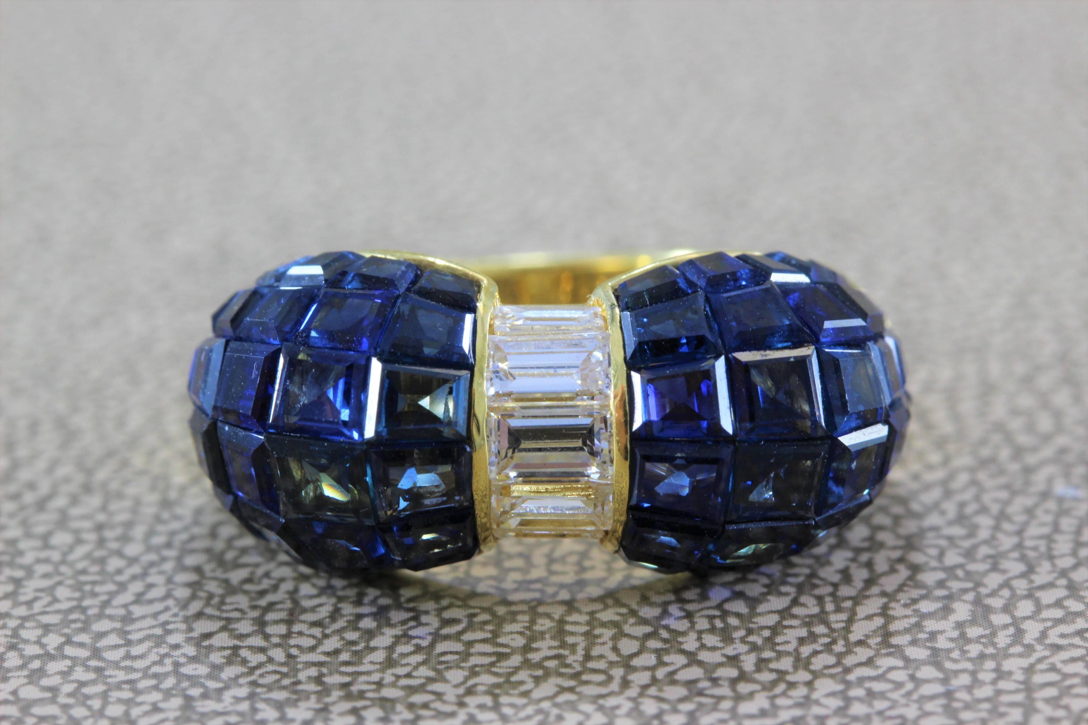 A beautifully crafted ring featuring 0.83 carats of VVS clarity baguette cut diamonds in between 7.30 carats of gem vivid blue sapphires, set in 18K yellow gold. Top quality gems in a beautiful setting. 

Size 6.5 (sizable) 
