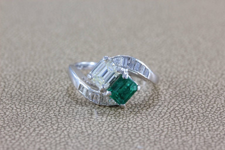 Diamond Emerald Platinum Bypass Ring at 1stDibs | emerald bypass ring