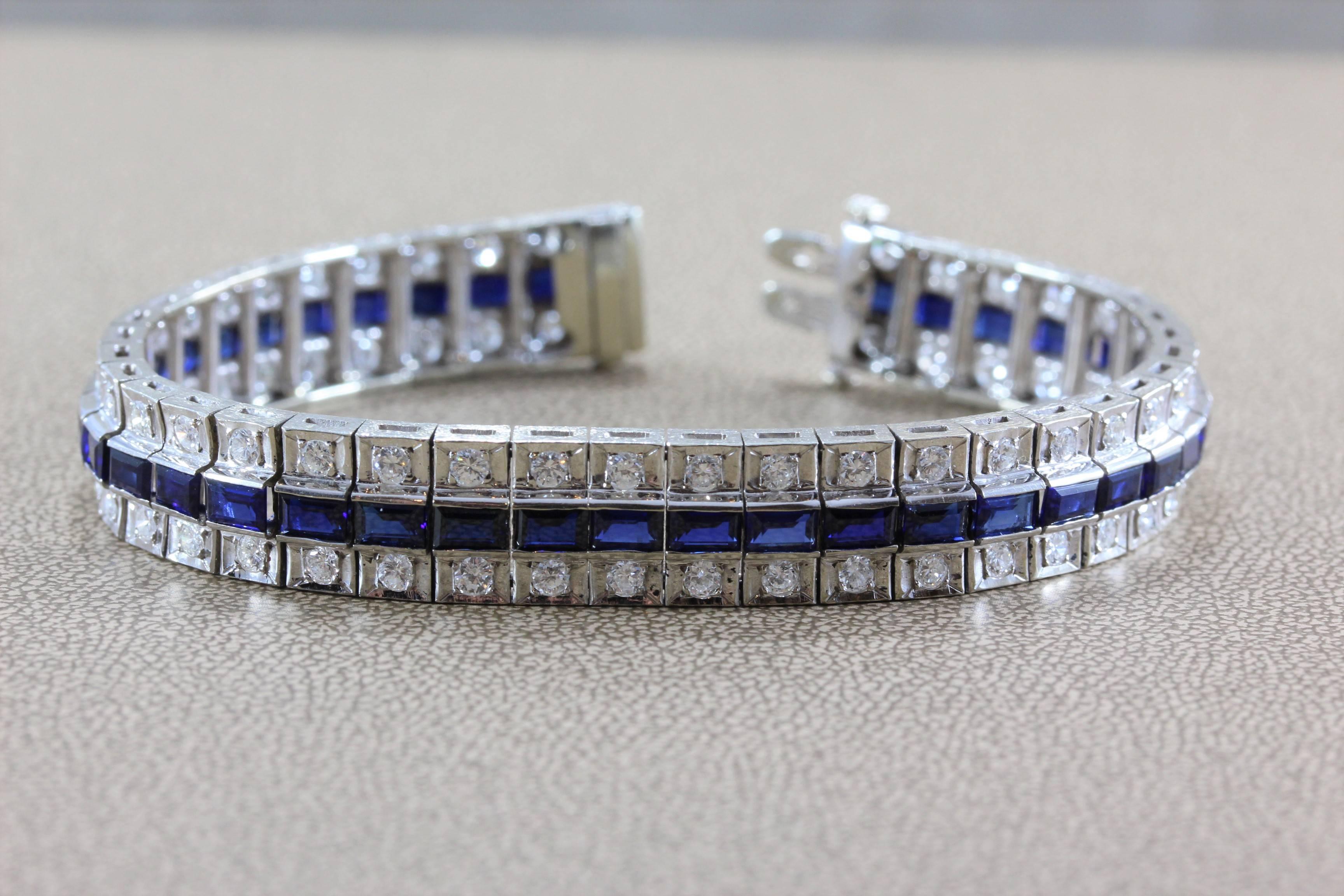 An elegant bracelet featuring 4 carats of diamonds and 4 carats of vivid blue sapphire which are set in 18K white gold. A simple stylish bracelet that can be worn for all occasions. 

Dimensions: 7.25 x 0.4 inches
