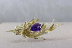 Amethyst Diamond Emerald Gold Bird Brooch