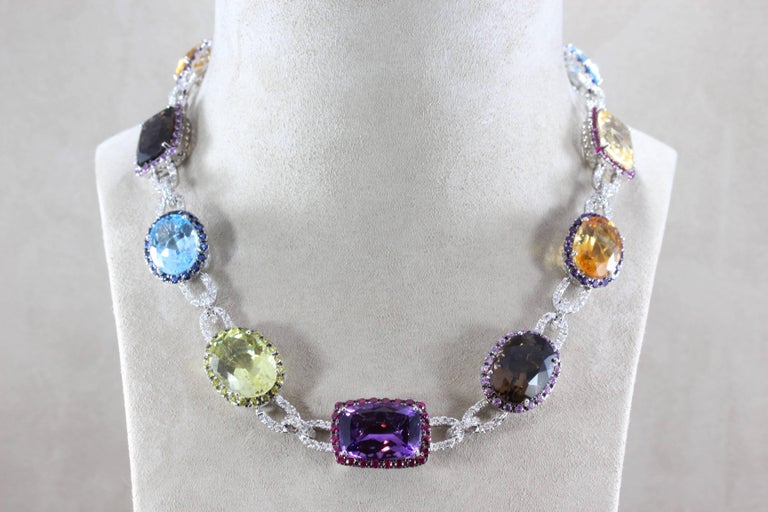 MultiColor Gemstone Diamond Gold Necklace For Sale at 1stDibs