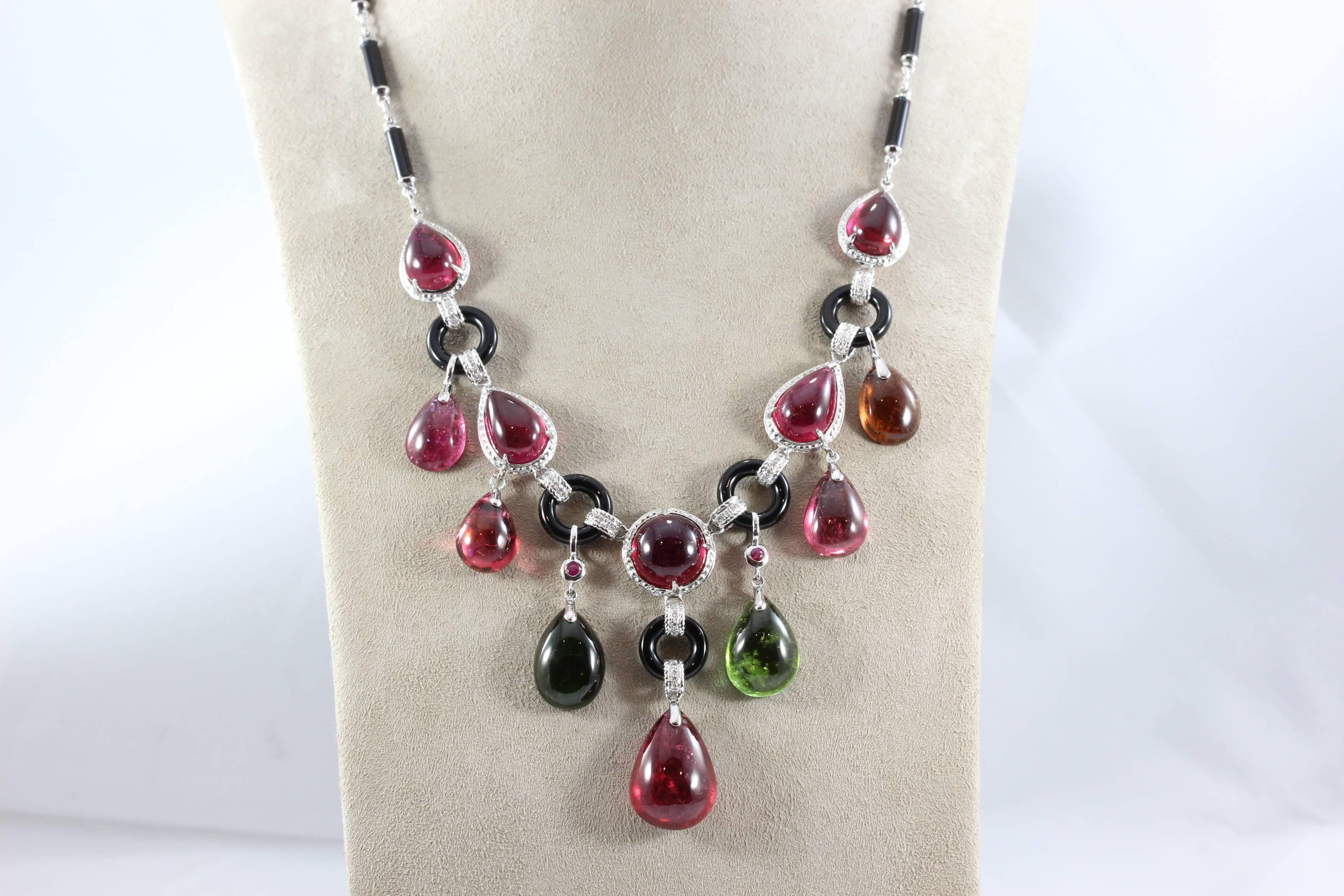 Multi-Color Cabochon Tourmaline Onyx Diamond Gold Drop Necklace In New Condition In Beverly Hills, CA