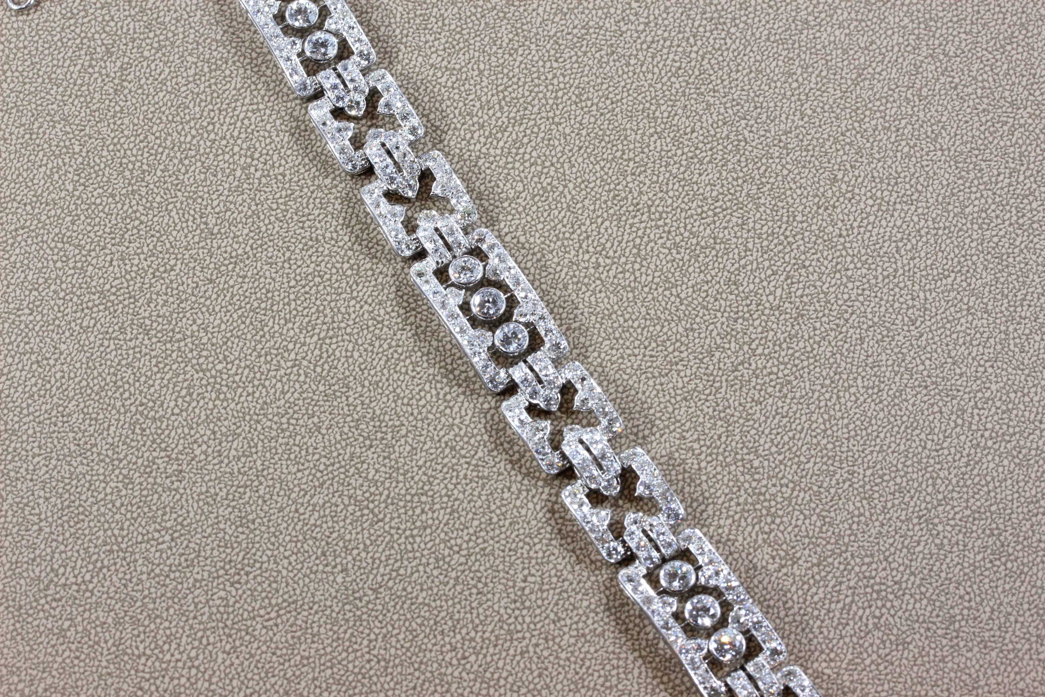 A classy diamond bracelet from the 1930’s, this art deco piece features approximately 17 carats of European cut round diamonds which are set in platinum. The diamonds are all VS quality and sparkle in the light just as they did when the piece was