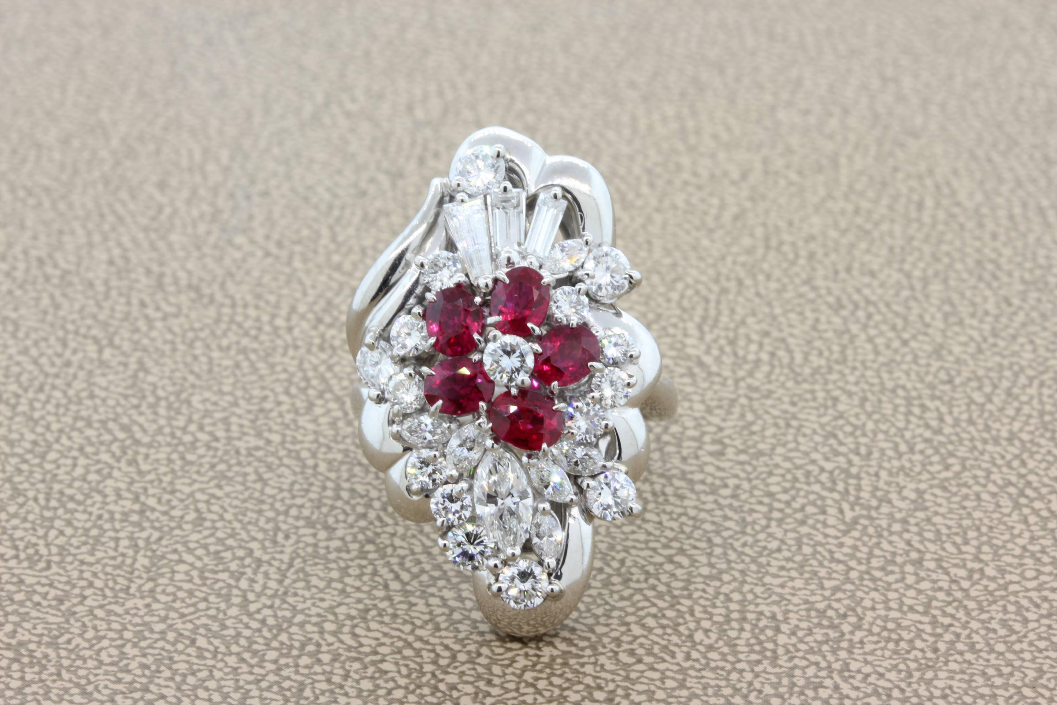 Ruby Diamond Platinum Cocktail Ring In New Condition For Sale In Beverly Hills, CA