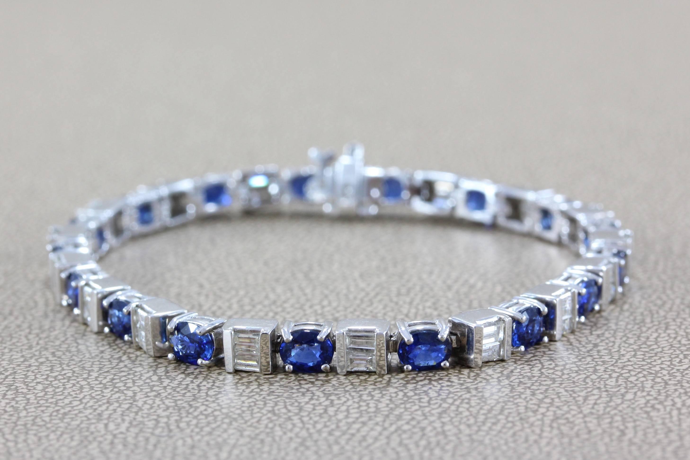 7.01 carats of super gem quality oval blue sapphires alternating with 2.68 carats of baguette diamonds.  The sapphires are prong set and the diamonds are bezel set in 14K white gold.

Length: 7 inches
