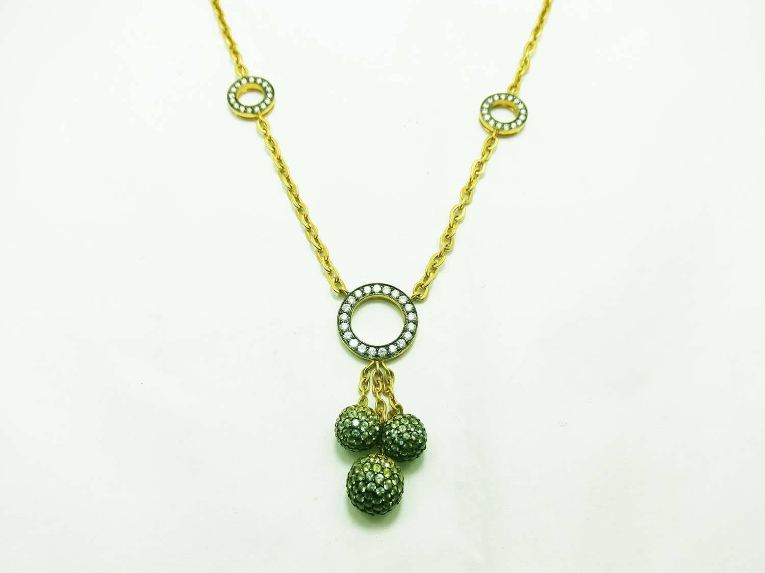 Round Cut 18K White gold Three Balls Necklace with Green, Yellow Sapphire and Diamond For Sale