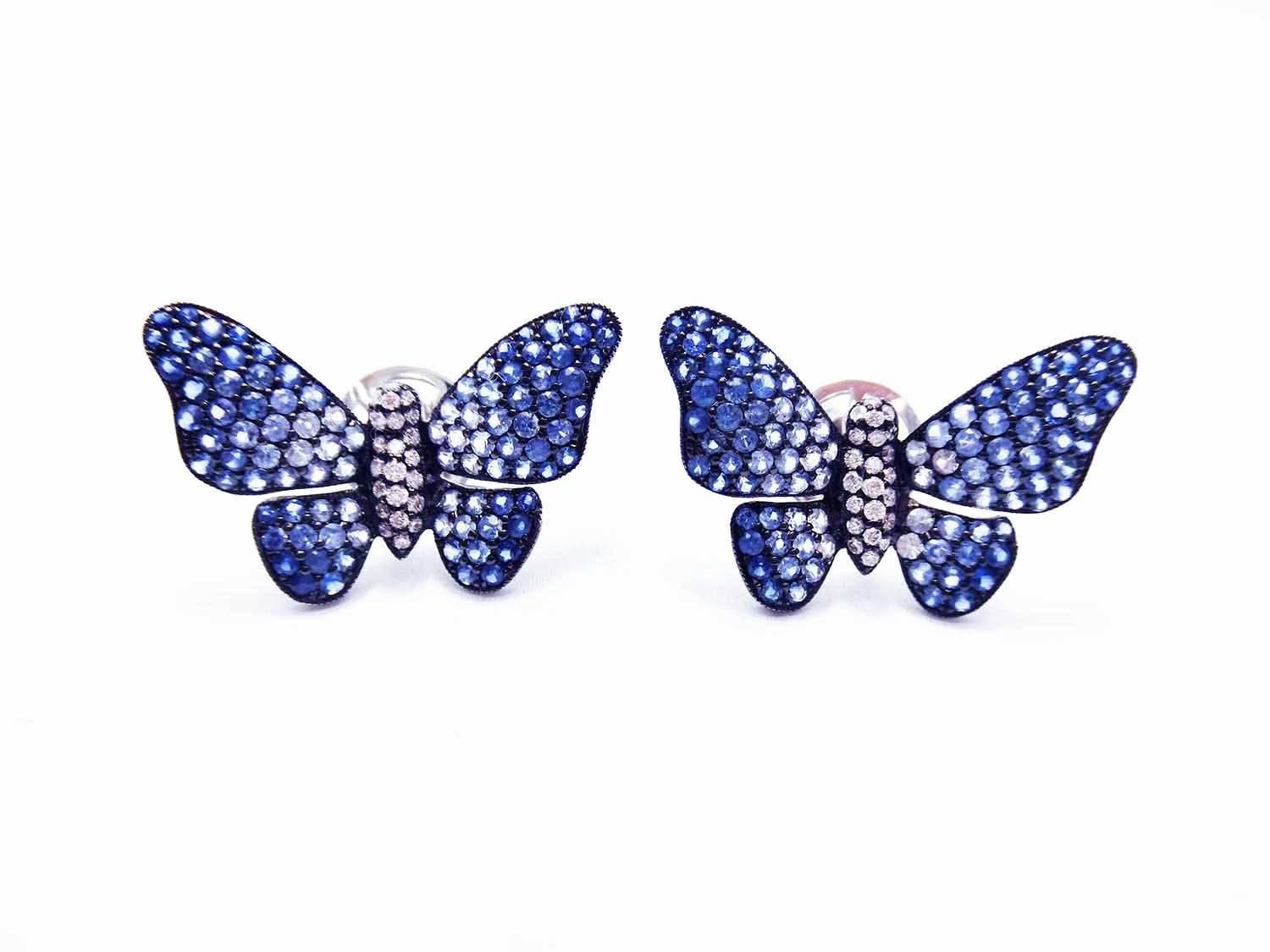 Graduated sapphire in butterfly earrings made in 18k white gold.We graduate  sapphire to make the pieces looking soft and sweet.We make in very detail and high quality of workmanship.
 Sapphire 2.58 ct High quality sapphire
Diamond 0.22 ct H VS